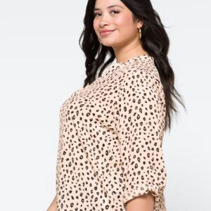 Lush Warren Split Neck Blouse Black and Cream Animal Print Top